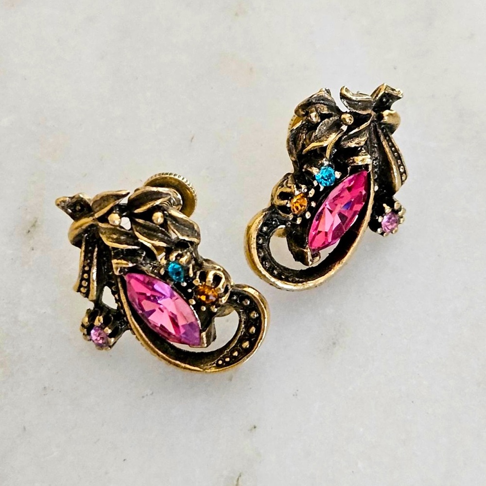 Vintage Signed Coro Rhinestone Earrings Pink Blue Ornate Gold Tone Screw Back